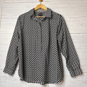 Talbots Shirt Womens SZ 18WP Black & White Clover Wrinkle Resistant Long Sleeve